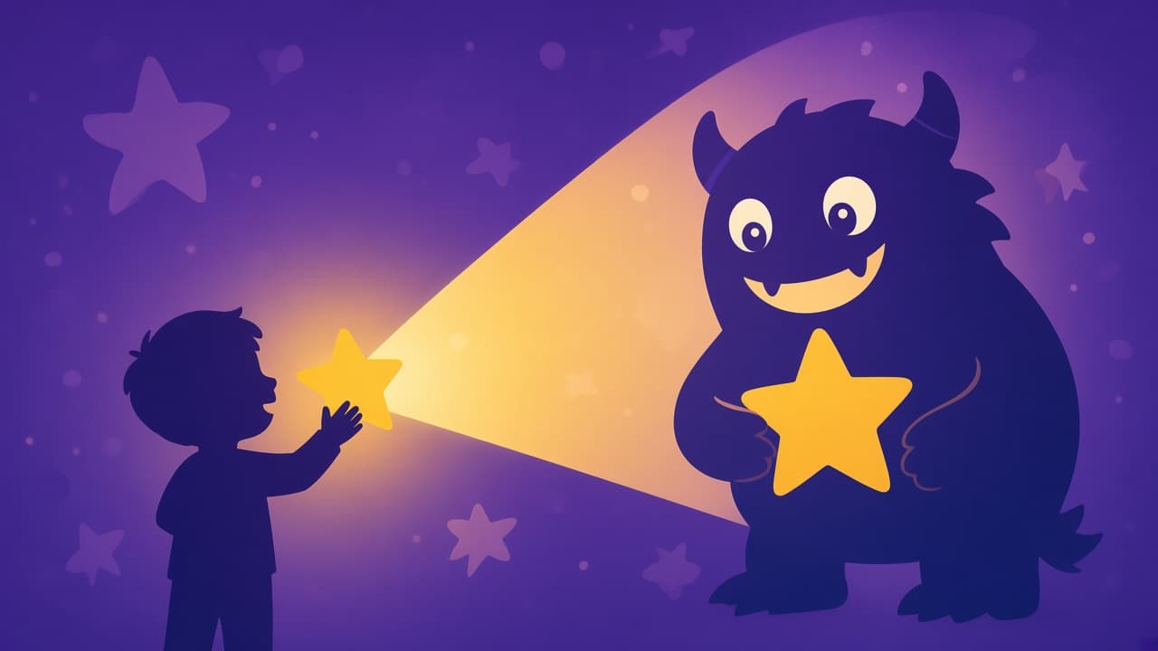 A child and a friendly shadow-puppet monster sharing a glowing star